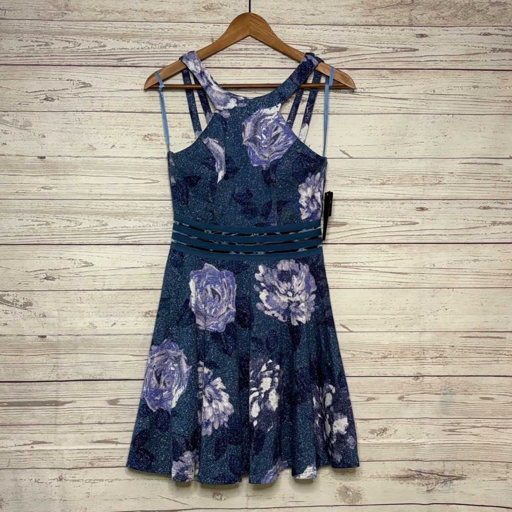 City Studio Blue Purple Floral Glitter Halter Fit & Flare Dress Size 7 NWT